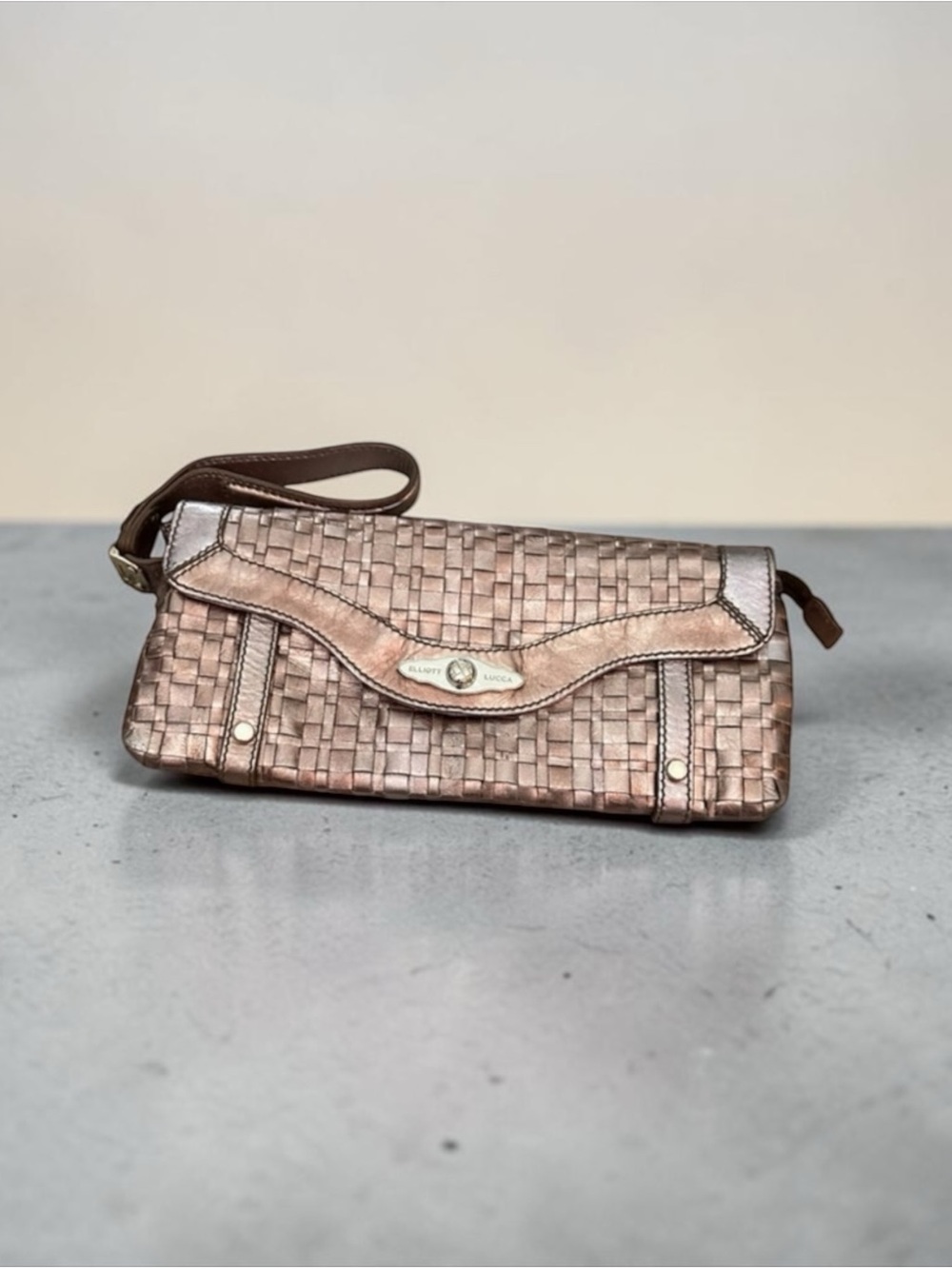 Elliott Lucca Woven Pink Metallic Rose-Gold Leather Wristlet Clutch